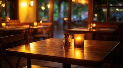 Wall Mural - A cozy restaurant setting with candlelight ambiance and wooden furnishings.