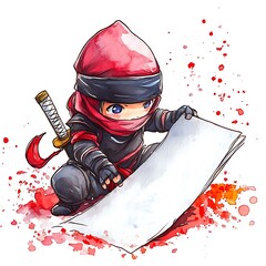 Poster - Red Ninja Holding a Blank Sign with Watercolor Splashes.