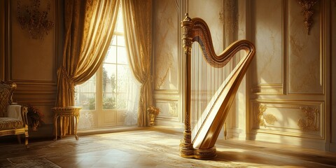 Sticker - Golden harp in a luxurious room with a window.