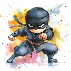 Sticker - Watercolor Illustration of a Young Ninja in a Fighting Stance.