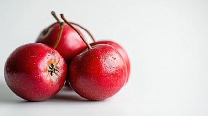 Wall Mural - A close-up of three shiny red apples on a light background.