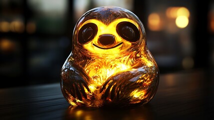 Wall Mural - Luminescent Glass Sloth Emoji with Warm Brown and Yellow Lights - Adorable Creature Illuminated in Dark