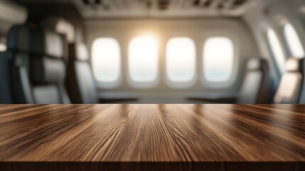 Canvas Print - A wooden table in an airplane cabin with blurred seats and windows in the background.