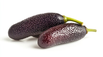 Two dark purple vegetables with a bumpy skin, resembling elongated cucumbers.