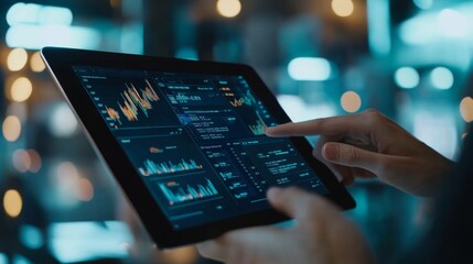 Fototapete - A professional financial advisor presenting a financial plan on a tablet, with charts and data clearly visible. The background is a sleek, modern office environment.