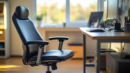 Canvas Print - A modern office space featuring a sleek ergonomic chair and a desk with computer equipment.