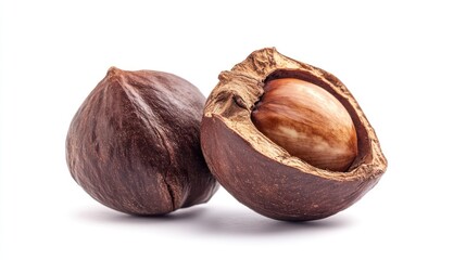 Two hazelnuts, one cracked open to reveal the kernel inside.