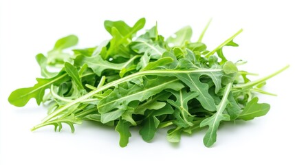 Sticker - Fresh arugula leaves arranged on a white background, ideal for salads and garnishes.