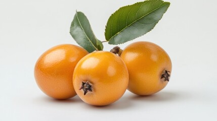 Three shiny loquats with green leaves on a white background.