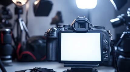 Sticker - A camera set up for photography, surrounded by lighting equipment and accessories.