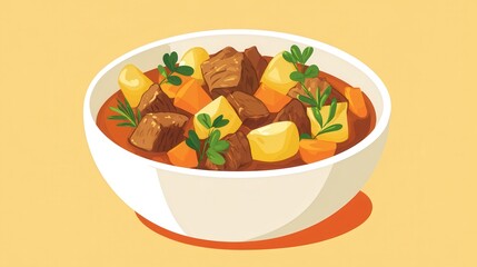 Wall Mural - Beef Stew with Potatoes and Carrots in a White Bowl