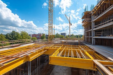 Modern bridge construction using steel framework and metal formwork under a clear blue sky