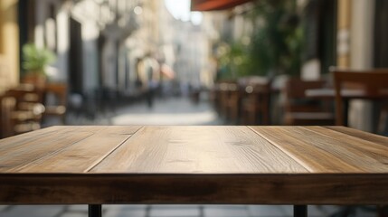 Wall Mural - A wooden table in a quaint outdoor café setting, with blurred street view in the background.