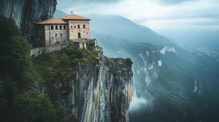 A scenic view of a monastery perched on a cliff amidst misty mountains.