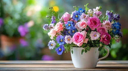 Aufkleber - Bouquet of spring and summer flowers in a cup on the table roses aquilegia spirea forget me not flowers pansies violet beautiful postcard still life copy space : Generative AI