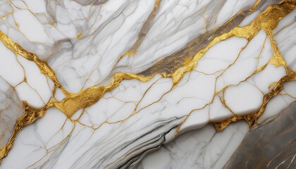 Poster - Elegant Marble with Gold Veining and Dark Accents. Luxurious White Marble Texture with Striking Gold Cracks and Black Streaks, Perfect for High-End Interior Design, Flooring, or Artistic Backdrops