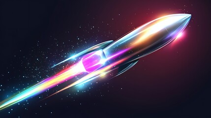 Futuristic Neon Silver Rocket Comet Tail with Glowing Light Effects on Space Background | Vector Graphics Design Concept