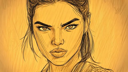 Poster - Bold Female Portrait in Vibrant Sketch Style With Strong Expression Generative AI