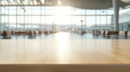 Sticker - A blurred airport interior with a wooden table in the foreground, suggesting a waiting area.