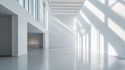 Wall Mural - A spacious, minimalist gallery with large windows casting shadows on the floor.