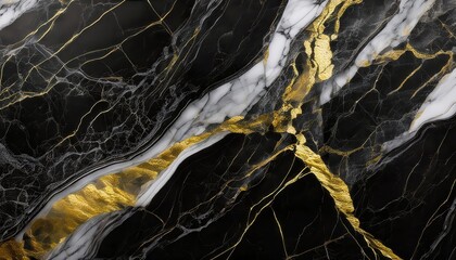 Poster - Luxurious Black Marble with Elegant Gold Veins and Subtle White Streaks, Creating a Rich Contrast and Sophisticated Abstract Pattern. Perfect for Modern Design, Interior Decor, or Textured Background