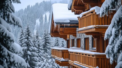 Sticker - Snow-covered wooden balconies amidst a winter landscape with tall pine trees.