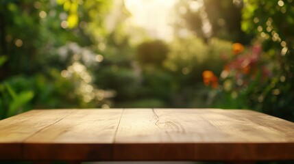 Poster - A wooden table in a sunlit garden, surrounded by lush greenery and vibrant flowers.