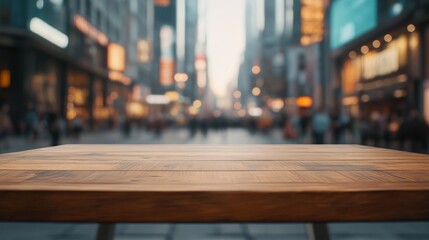 Wall Mural - A wooden table in the foreground with a blurred city street scene in the background.