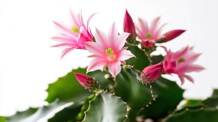 Wall Mural - A vibrant cactus plant with pink flowers and buds, showcasing natural beauty.