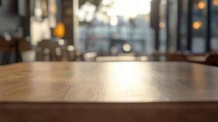 Sticker - A close-up view of a wooden table in a cozy café setting, with soft lighting in the background.