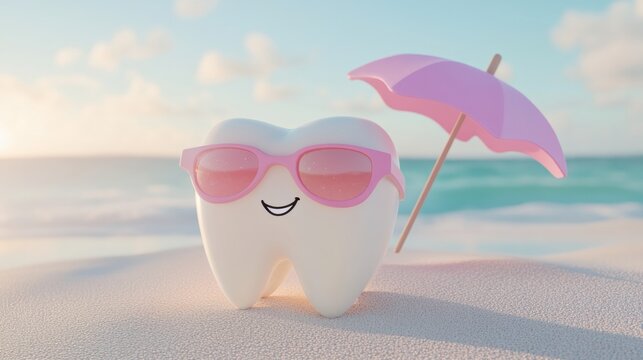 A 3D cute tooth wearing sunglasses and relaxing on a sunny beach, with a tiny umbrella