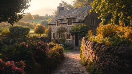 Poster - A charming stone cottage surrounded by vibrant flowers and greenery in a serene landscape.