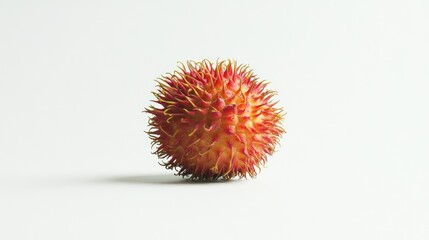 Wall Mural - A single rambutan fruit with spiky red and yellow skin on a white background.