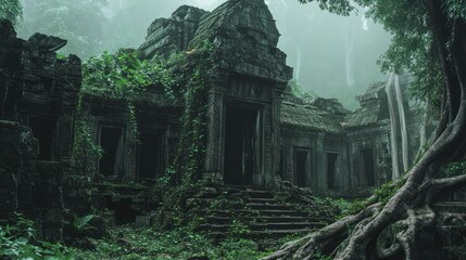 Canvas Print - Ancient ruins overtaken by nature, shrouded in mist and greenery.