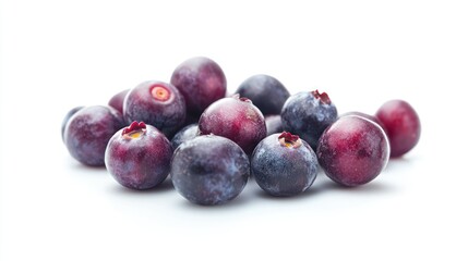 A pile of fresh blueberries on a white background, showcasing their vibrant color and texture.