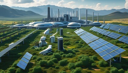 Wall Mural - Futuristic power plant showcasing advanced solar panel integration and cutting-edge renewable energy technology in a visionary world