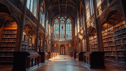 Canvas Print - A grand library interior with stained glass windows, bookshelves, and warm lighting.