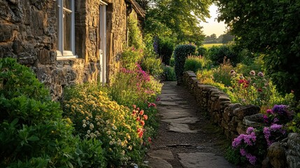 Wall Mural - A picturesque stone cottage surrounded by vibrant flowers and a serene pathway at sunset.