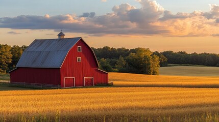 Wall Mural - A picturesque red barn surrounded by golden fields at sunset, evoking rural tranquility.