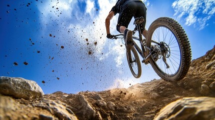 Poster - A mountain biker jumps over a rocky terrain, kicking up dirt against a blue sky.