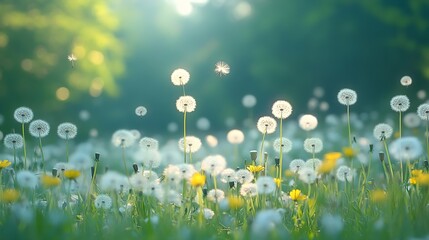 Poster - dandelion meadow with rising blowballs in the air fresh green nature scene pollination concept with blurred background and copy space for pollen allergy season : Generative AI