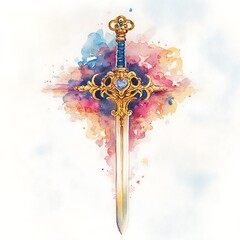 Poster - Watercolor Illustration of a Golden Sword with a Heart-Shaped Gemstone.