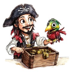 Canvas Print - Cheerful Pirate with Parrot and Treasure Chest.