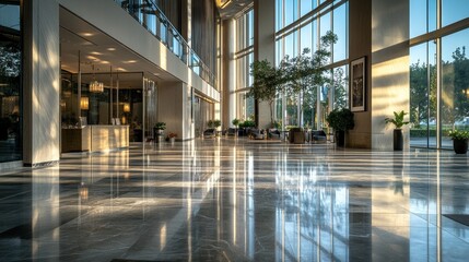 Canvas Print - A spacious lobby with large windows, plants, and polished floors, designed for business and relaxation.