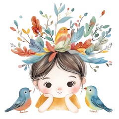 Wall Mural - Watercolor Illustration of a Cute Girl with Birds and Flowers.