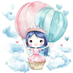 Canvas Print - Watercolor Illustration of a Little Princess in a Hot Air Balloon.