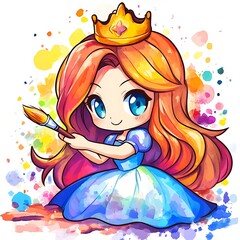 Sticker - Cute Cartoon Princess Artist with Watercolor Splashes.