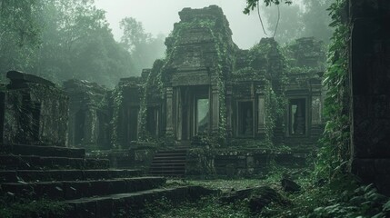 Canvas Print - Overgrown ancient ruins in a misty forest, showcasing nature reclaiming man-made structures.