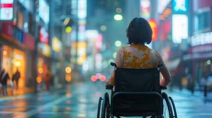 Poster - A woman in a wheelchair is sitting on the sidewalk in a city