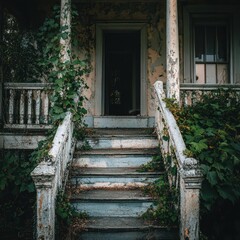 Sticker - An overgrown staircase leads to an abandoned house with peeling paint and ivy.